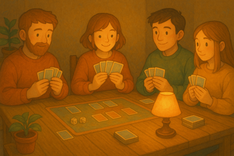 Illustrated group of friends playing trading card games together at a table inside Seminary Hall.