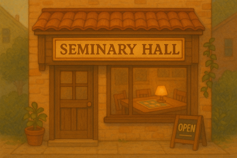 Illustrated storefront of Seminary Hall with open sign on Seminary Avenue in Hopewell, New Jersey.