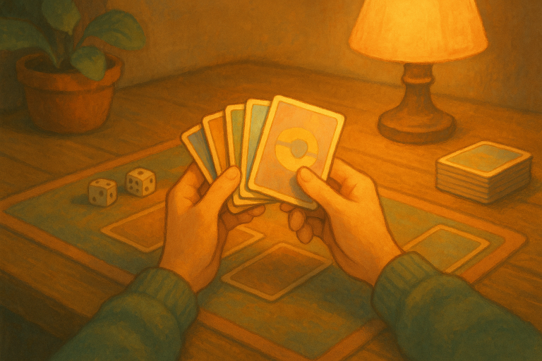 Close-up of hands holding trading cards over a playmat at Seminary Hall under a warm table lamp.